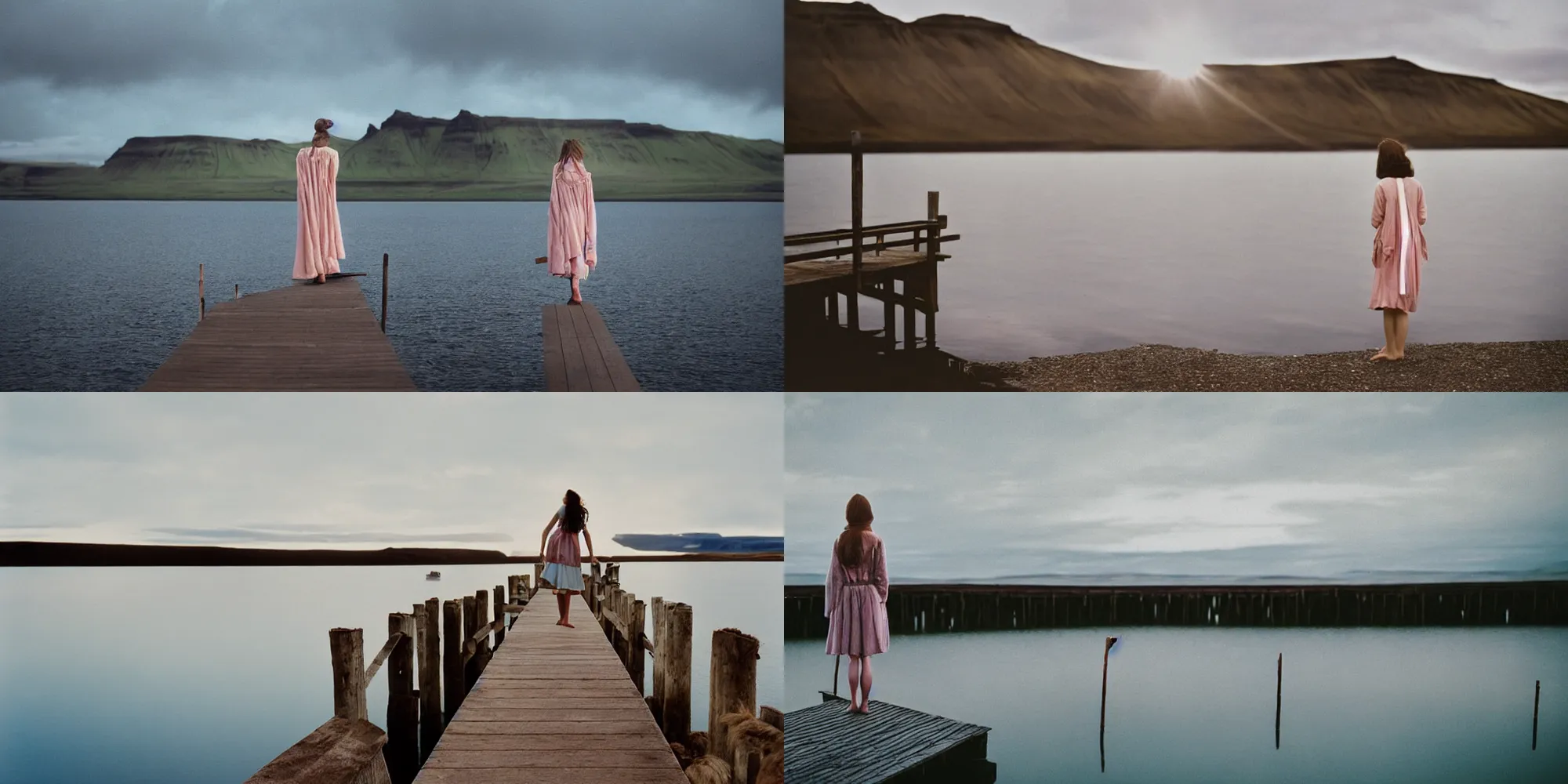 Prompt: photograph of a beautiful!!! woman! from the back standing in a wooden pier in a lake by mark owen. icelandic mood. pastel colors. kodak portra 4 0 0 film!!. whirl bokeh!. mamiya 7. highly detailed. hq. photoreal. golden hour. lens flare. faded film. in - frame