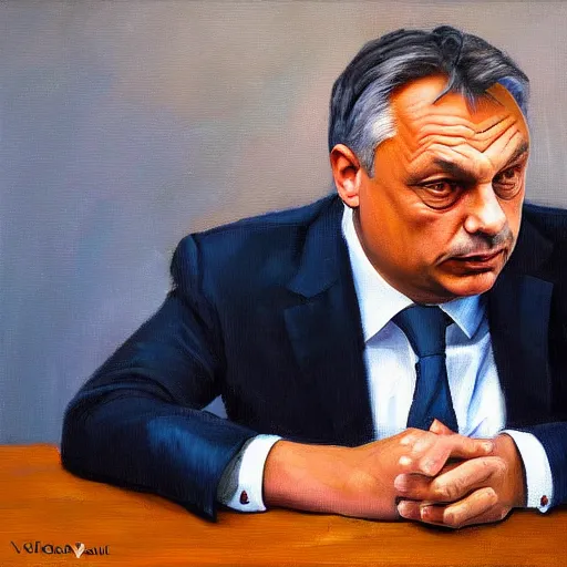Prompt: viktor orban in a cubicle, oil painting