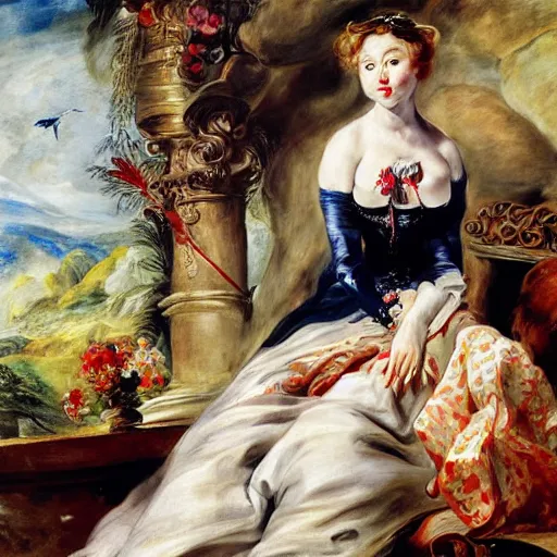 Image similar to heavenly summer sharp land sphere scallop well dressed lady watching television, auslese, by peter paul rubens and eugene delacroix and karol bak, hyperrealism, digital illustration, fauvist, watching television