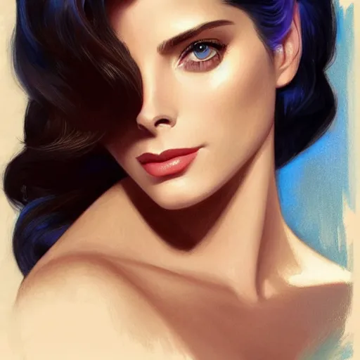Image similar to Ashley Greene's face combined with Grace Kelly's face with short dark blue hair as She-Ra, western, D&D, fantasy, intricate, elegant, highly detailed, digital painting, artstation, concept art, matte, sharp focus, illustration, art by Artgerm and Greg Rutkowski and Alphonse Mucha