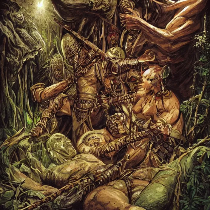 Image similar to The mummy touches the warrior's head , in jungle, old school dungeons and dragons art,