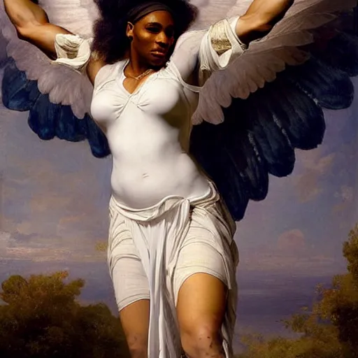 Prompt: Portrait of Serena Williams as Nike Goddess, large wings, luxuriant, dreamy, eternity, romantic, strong pose, highly detailed, in the style of Franz Xaver Winterhalter, highly detailed, in the style of Aetherpunk