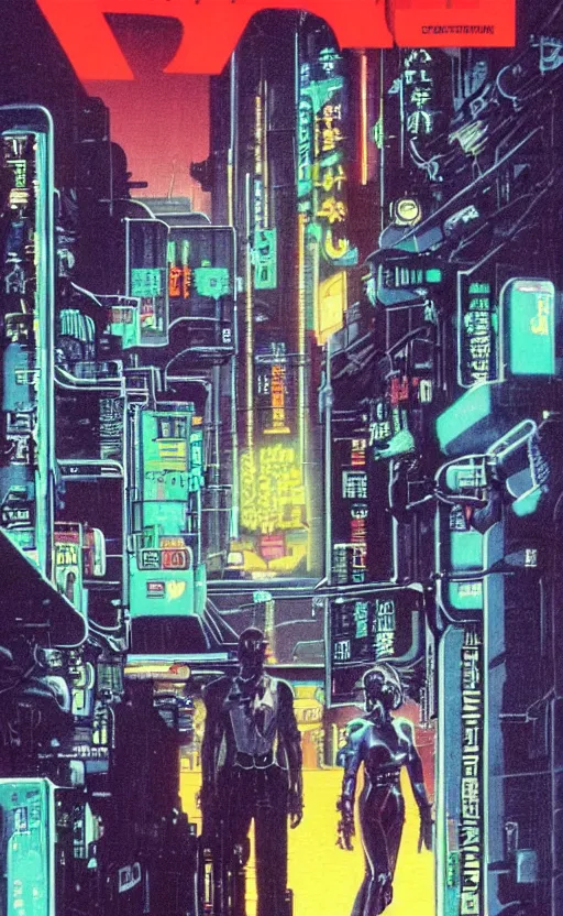 Image similar to 1979 OMNI Magazine Cover of an android raven in street level neo-Tokyo in cyberpunk 2020 style by Vincent Di Fate