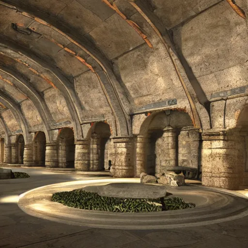 Prompt: a gigantic round underground room with a computer terminal pillar in the center and cables running in the walls, ancient stones with dry foliage, intricate stone texture and giant statues, terminal screen with an entry menu, large shaded room with water dripping from the side and huge hallways going to all sides, artistic render, soft light rays