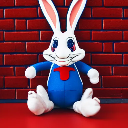 Image similar to photo of a bugs bunny toy sitting infront of a red wall with blue stripes.