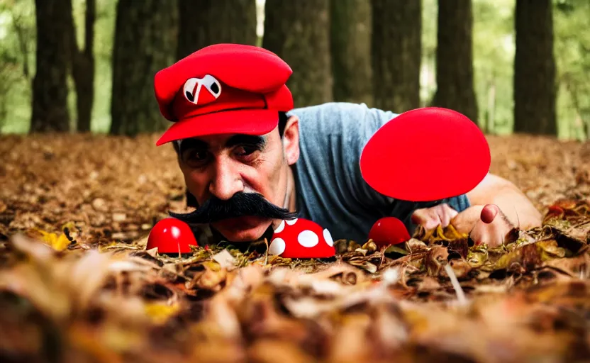 Image similar to italian man with a mustache dressed as mario wearing a solid red mario hat, crawling on the ground, eyes rolled back, licking a red mushroom with white spots, in a forest, photography, 5 0 mm lens, f 1. 8