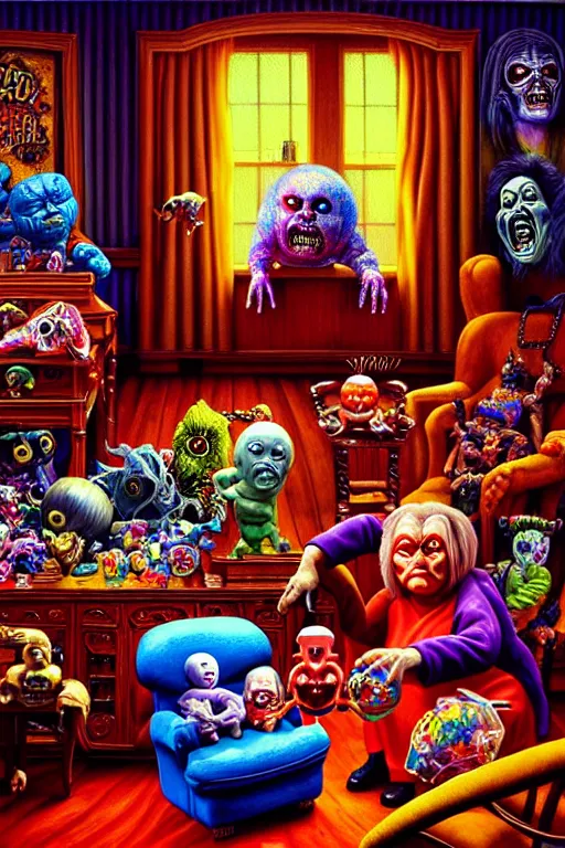 Image similar to a hyperrealistic painting of an ornate room full of evil possessed toys watching a grandma in a rocking chair, cinematic horror by chris cunningham, lisa frank, richard corben, highly detailed, vivid color,