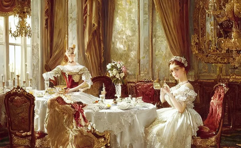 Image similar to Young victorian princess drinking tea on the royal palace dining room. By Konstantin Razumov, highly detailded