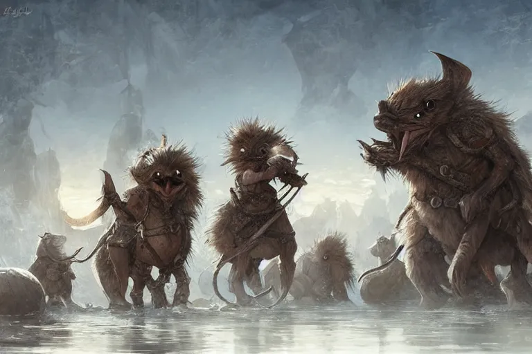 Prompt: dungeons and dragons fantasy painting, ashigaru mice on ostrich steeds, whimsical and cute, determined expressions, watery eyes, anime inspired, brown fur, tufty whiskers, steel blades, dawn lighting, by brain froud jessica rossier and greg rutkowski