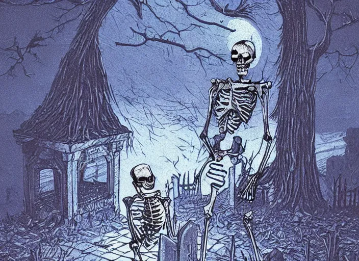 Image similar to blue woodcut print, cartoon halloween skeleton in graveyard at midnight by greg rutkowski, fine details, highly detailed