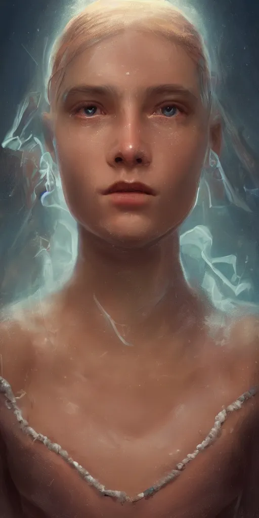 Prompt: cinematic portrait of a young girl in crown, goddess of endless transgression of life and death in paradise, photorealism concept art trending on artstation, glowing light 8 k