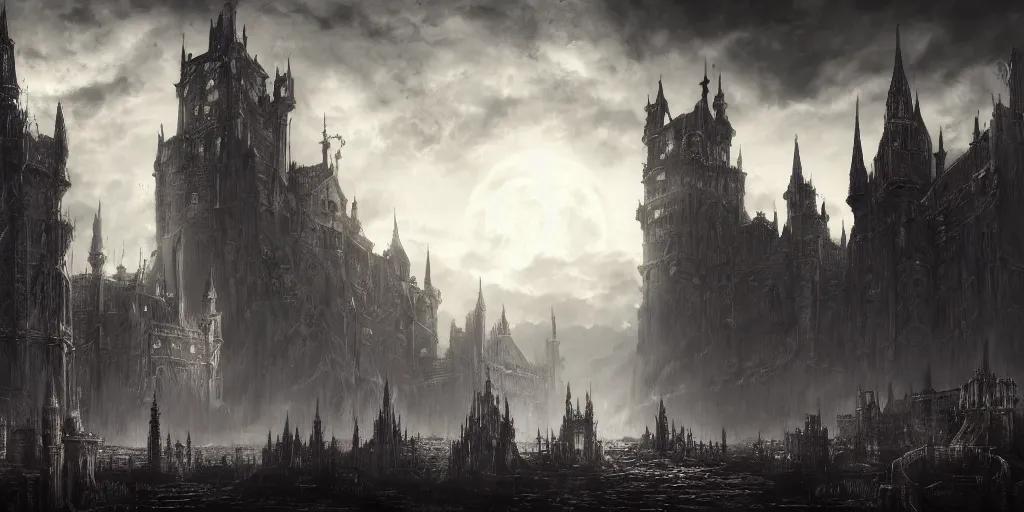 Prompt: huge castle from bloodborne, gothic art, dark fantasy, concept art, digital painting, trending on art station, night time render, moon light, god rays, highly detailed