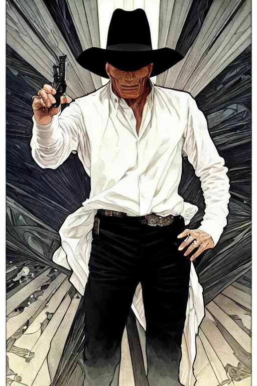 Image similar to ed harris as the man in black, westworld, wearing an all white outfit in the style of art by artgerm and greg rutkowski and alphonse mucha