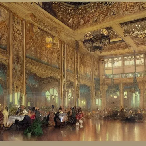 Image similar to a beautifull intricate watercolour painting of a ballroom, reflexions, verry high details by william turner art, greg rutkowski and alphonse mucha, trending on artstation, very very detailed, masterpiece, muted colors