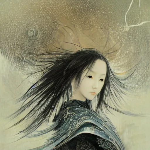 Image similar to yoshitaka amano blurred and dreamy realistic illustration of a japanese woman with black eyes, wavy white hair fluttering in the wind wearing elden ring armor with engraving, abstract patterns in the background, satoshi kon anime, noisy film grain effect, highly detailed, renaissance oil painting, weird portrait angle, blurred lost edges, three quarter view