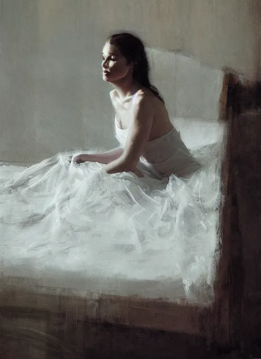 Image similar to portrait painting of a woman posing in an artistic over a bed, white lace sheets by jeremy mann, only one head single portrait