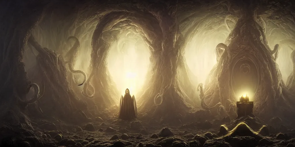 Prompt: ! dream 4 k photorealistic matte painting photography of circle group of necromancer priest in an invoking ritual in front of a viscosity cthulhu within a lovecraft portal, wide - angle portrait, atmospheric lighting, rich deep colors masterpiece, fractal crystals, fantasy portrait by tom bagshaw