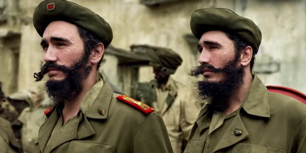 Image similar to James Franco as Fidel Castro in 'Cuba: The Movie' (2024), movie still frame, oscar nominated cinematography, volumetric lighting, 8k resolution, beautiful composition