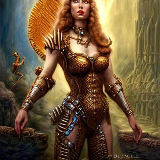 Image similar to Mystical Valkyrie, Portrait of a beautiful female Atlantean Reptilian Warrior, Realistic, Regal, Refined, Detailed Digital Art, Michael Cheval, Walt Disney (1937), François Boucher, Oil Painting, Steampunk, Highly Detailed, Cinematic Lighting, Unreal Engine, 8k, HD