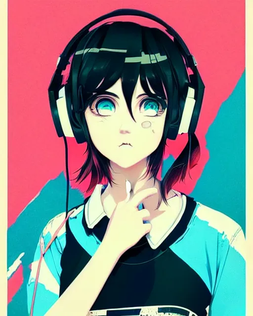 Image similar to girl wearing headphones, city background, very anime!!! anime!! intricate details, high contrast colors, poster background, art by conrad roset and ilya kuvshinov