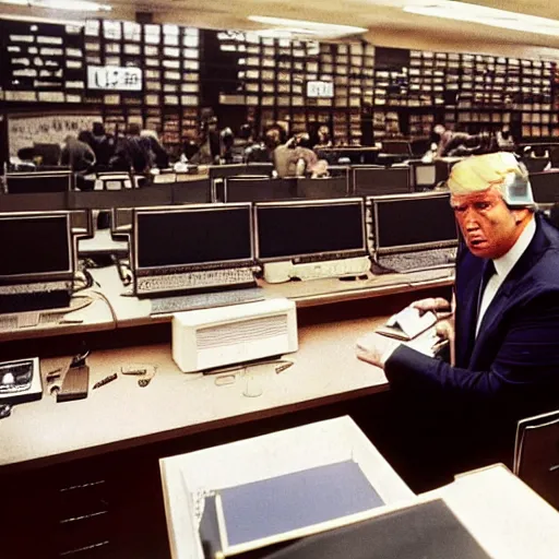 Image similar to candid color photo of Donald Trump nervously sitting at an enormous bank of very complicated, 1970's looking computers trying to blend in to avoid the fbi officers searching for him