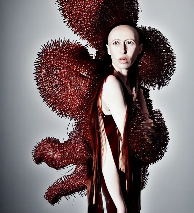 Image similar to realistic photoshooting for a new collection iris _ van _ herpen lookbook color film photography portrait of stunninng woman with half long hair wearing a dress, photo in style of tyler mitchell