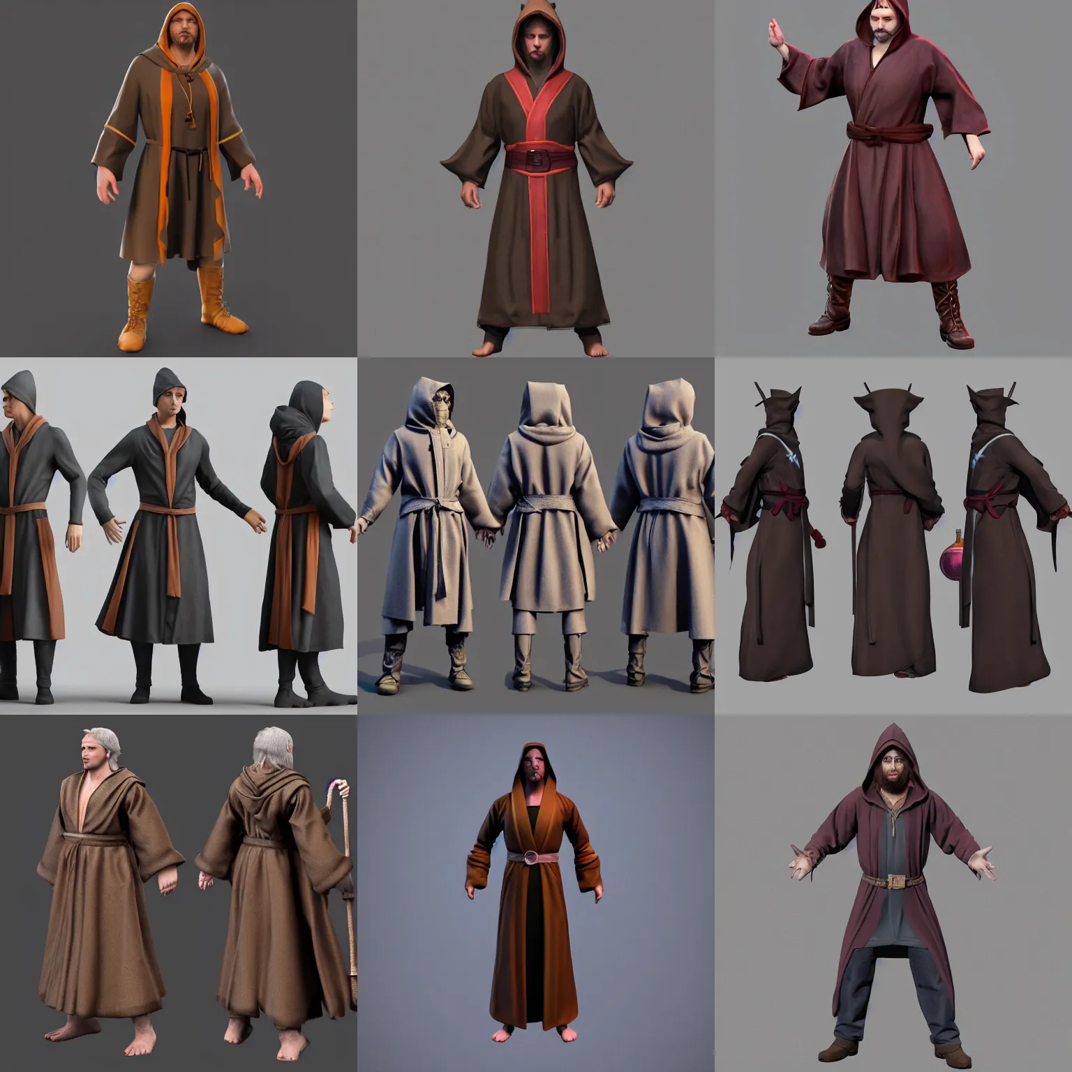 Prompt: 3d model rigged, t-pose of male magic wizard, potions, belt, robes, hood, T Pose, 3d marketplace, front view, side view, character design, RPG character, cosplay, DAZ, zbrush, 3dsmax,