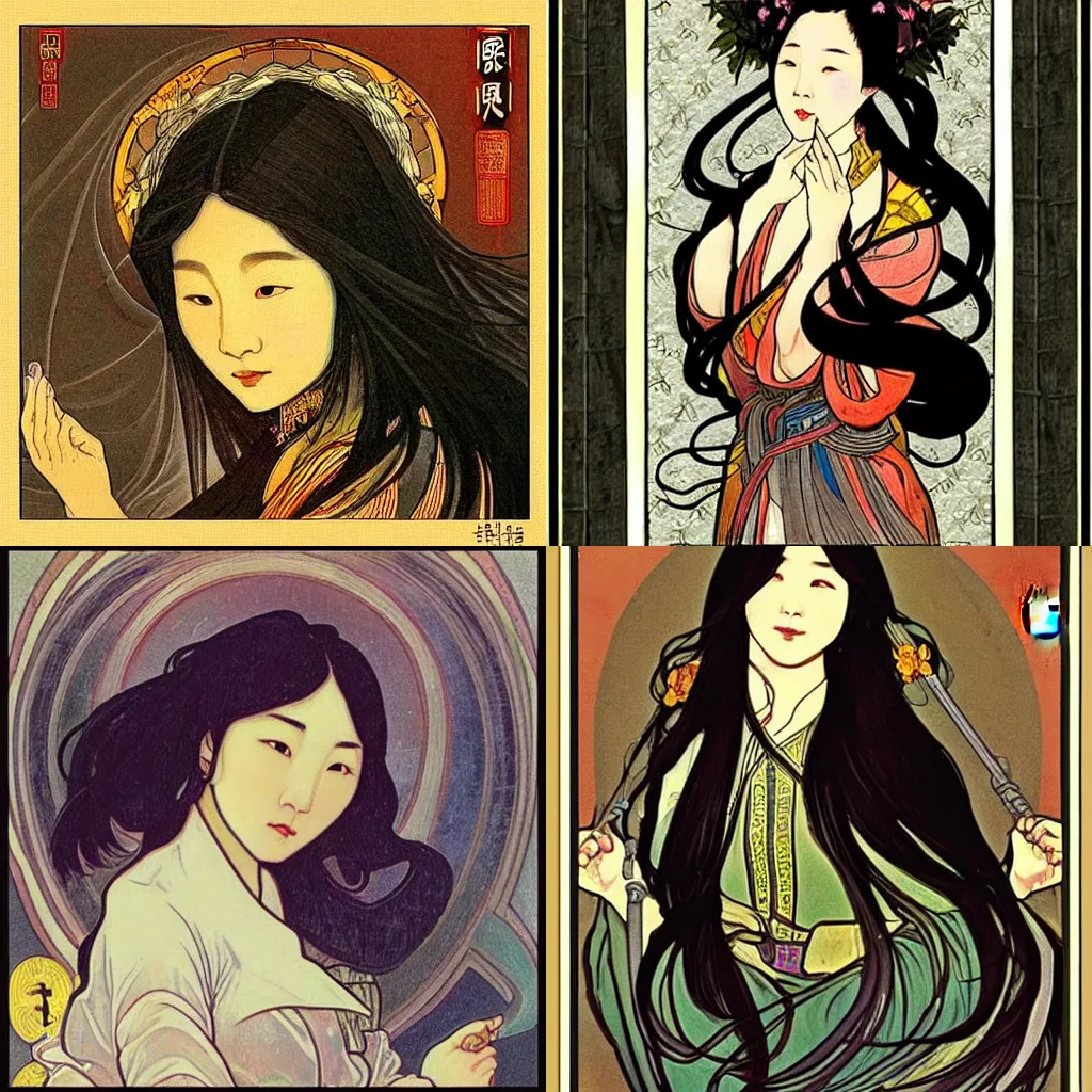 Prompt: “ dreamy Chinese women with flowing black hairs standing on the frame of a church , in the style of Alphonse Mucha and Stan Lee .”