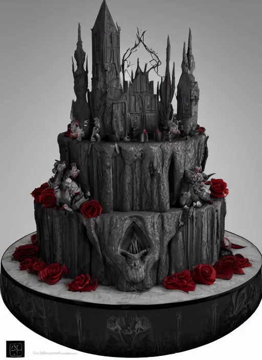 Image similar to a portrait of a gothic dark fantasy cake with wizards and valkyries on it, au naturel, hyper detailed, digital art, trending in artstation, cinematic lighting, studio quality, smooth render, unreal engine 5 rendered, octane rendered, art style by pixar dreamworks warner bros disney riot games.