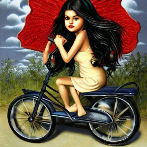 Prompt: Selena Gomez on a tricycle, lowbrow painting by Mark Ryden