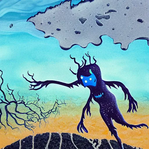 Image similar to nightmare monster emerging from sea surface, but monster is dendritic, thunderstorm in background, color