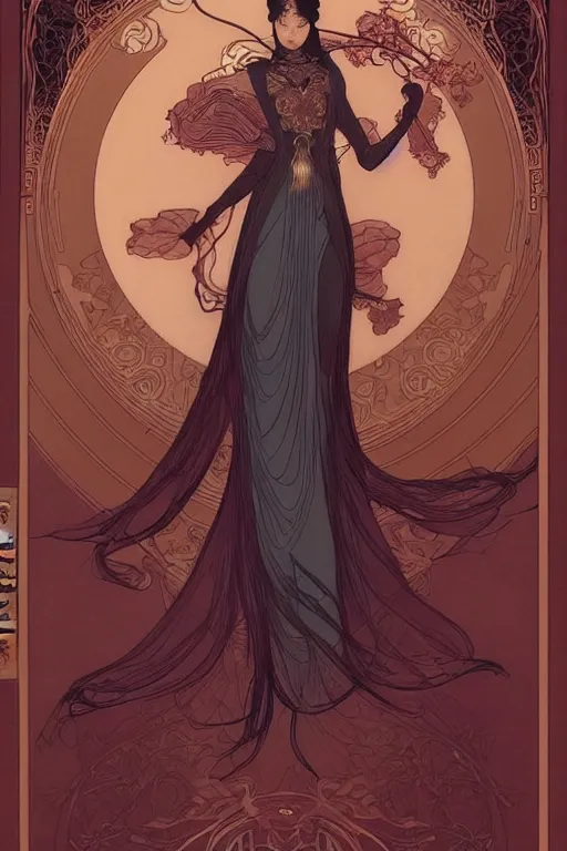 Image similar to full length portrait of a beautiful mysterious chinese fairy, no hands, by eve ventrue, michael carson, andreas rochas, john watkiss, casey weldon, artgerm. art nouveau. tarot card by mucha. gloomhaven. swirly intricate linework background. gaudy colors, sharp edges. octane render