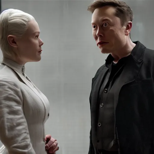 Image similar to Elon Musk standing over Delores from Westworld being created