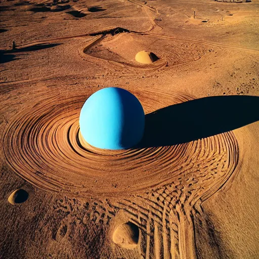 Image similar to an orb-like clay house sitting in the desert, vintage photo, beautiful cinematography, blue sky, film grain