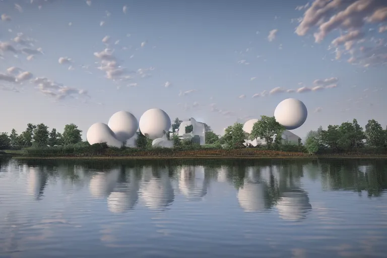 Image similar to many white round spherical buildings are crowded and combined to form a building on the calm lake, by pierre bernard, on the calm lake, people's perspective, future, interior wood, dusk, unreal engine highly rendered, global illumination, radial light, internal environment