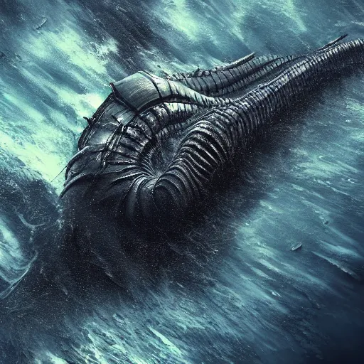 Image similar to top down view of an alien leviathan emerging from a deep ocean during a storm, cinematic lighting, dramatic, masterpiece, trending on artstation