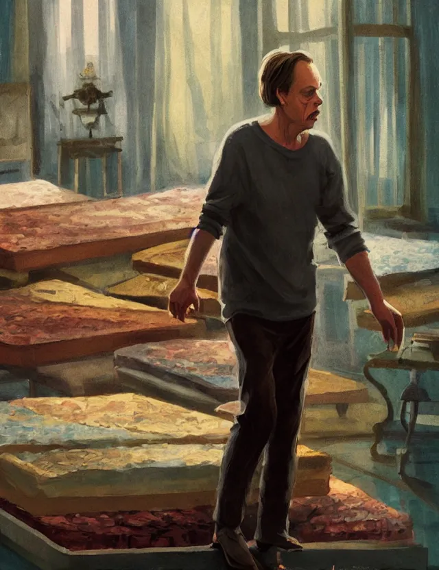 Prompt: steve buscemi building a mattress fortress. gouache fairytale art, russian romanticism, muted palette, backlighting, depth of field