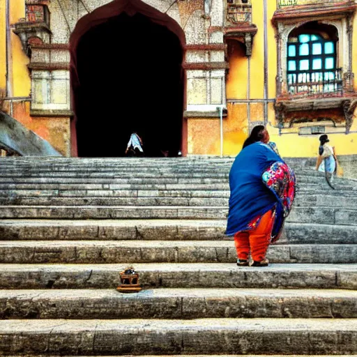 Prompt: a fat Indian woman holding a rollator on steps in Porto, greg rutkowski