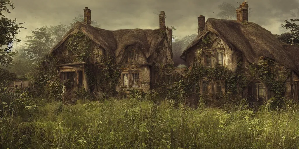 Prompt: photorealistic, ruined english cottage, overgrown vegetation, apocalypse, shadowy lurking creatures, hyperrealistic, grimdark, artstation