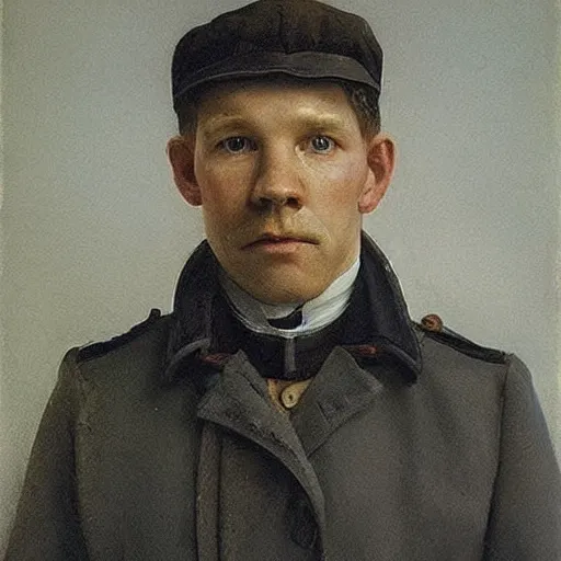 Prompt: thirty years old Lee Evans as a ((sad)) 19th century, eastern european postman (without bead and without mustache). detailed, soft focus, interesting lights, realistic style, shadows, higher contrasts, afternoon lights, hyperdetailed, oil canvas, character concept art by Ilya Repin, and da Vinci