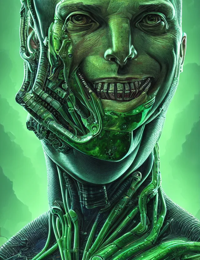 Image similar to a portrait of elon musk with green skin and mechanical gills, by moebius and tyler edlin and hr giger, trending on artstation, digital art, 4 k resolution, detailed, high quality, sharp focus, hq artwork, coherent, insane detail, concept art