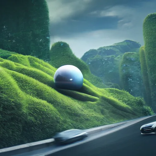 Prompt: a spherical car driving through a beautiful wonderland, smoke - filled ， green hill, many interstellar plants, little dinosaur and man dance together, futuristic concept design, airscape, high detail render by octane, unreal engine, 8 k, cinematic