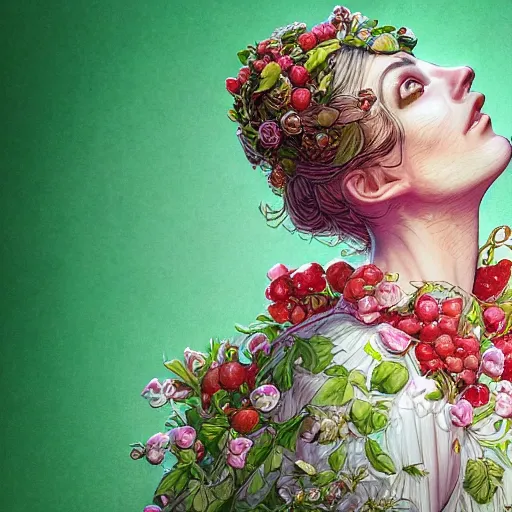 Image similar to the portrait of an absurdly beautiful, graceful, elegant, chaste, young woman made of strawberries and green petals smiling, an ultrafine detailed illustration by kim jung gi, irakli nadar, intricate linework, bright colors, octopath traveler, final fantasy, angular, unreal engine 5 highly rendered, global illumination, radiant light, detailed and intricate environment