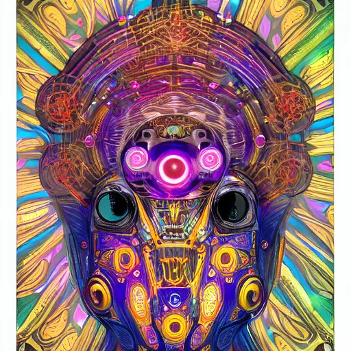 Image similar to hyperdetailed portrait of a psychedelic steampunk robot head, covered in colorful glowing holy geometry lotus flowers and tubes, eyes shoot multicolored laserbeams, 8 k, symetrical, halluzinogenic, meditative, black background