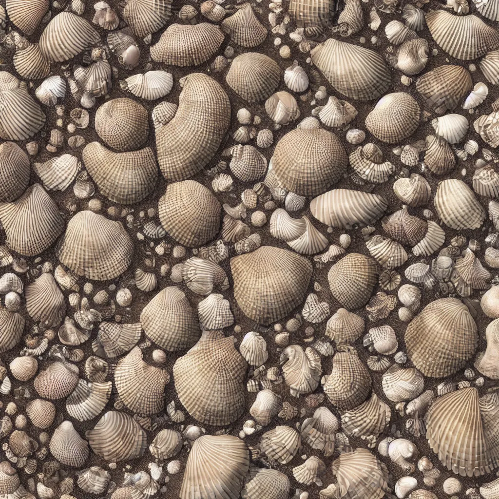 Image similar to geometric complex sea shell designs by ernst haeckel, closeup, fractal, realistic cinema 4 d render, beach sand background, clear focus, very coherent, very detailed