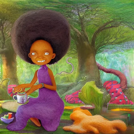 Prompt: black girl with big cute! eyes and a colorful afros having a tea party in an african zen garden with a baobab tree, bright colors, watercolor, volumetric wool felting, felt, macro photography, children illustration, global illumination, radiant light, detailed and intricate environment, by goro fujita, psychedelic surreal portrait, bokeh!!!!