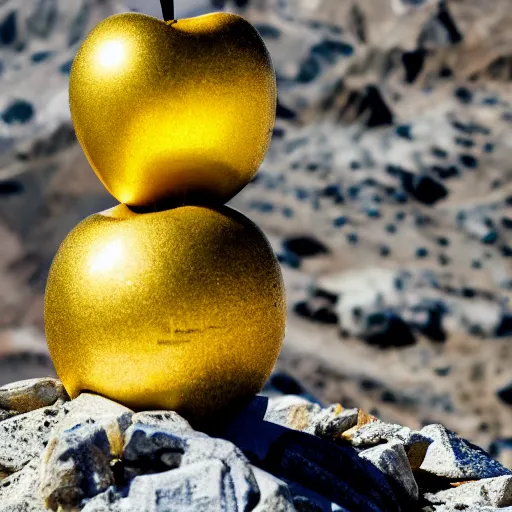 Prompt: a golden apple is sitting on the peak of mount everest, clear focus, bokeh effect, high res