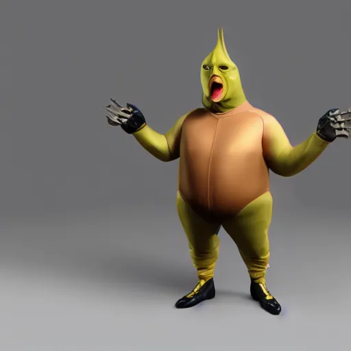 Image similar to Goose-Man, Cheesy supervillain, poorly made costume, overweight, skintight costume, high quality, unreal engine 5 render, high quality render, octane render, photo realistic,