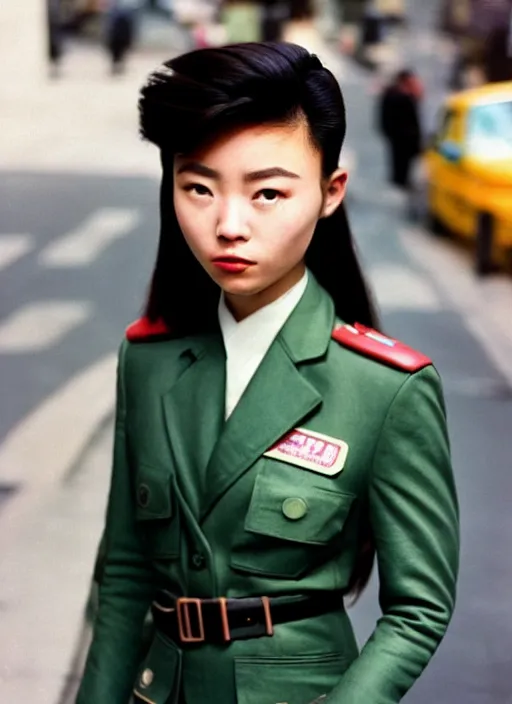 Prompt: ektachrome, 3 5 mm, highly detailed : incredibly realistic, beautiful portrait photo in style of 1 9 9 0 s frontiers in flight suit cosplay paris street photography, youthful asian demure, perfect features, cool haircut, atheletic agency model, vogue fashion edition