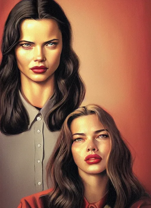 Image similar to twin peaks movie poster art, portrait of a smiling adriana lima, from scene from twin peaks, clean, simple illustration, nostalgic, domestic, highly detailed, digital painting, artstation, concept art, smooth, sharp focus, illustration, artgerm, donato giancola, joseph christian leyendecker, wlop